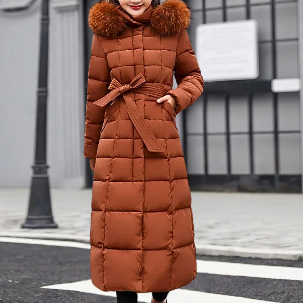 Damen Wintermantel braun, Daunen, Kapuze mit Kunstfell, gesteppte Optik, modisch, warm.