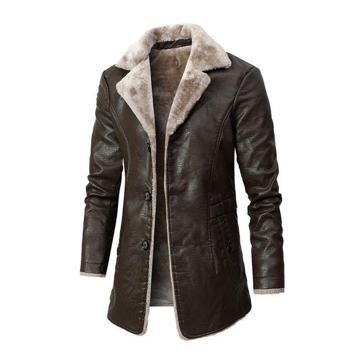 Brauner Herren-Wintermantel mit Kunstfellkragen, stilvoll und warm, ideal für kalte Tage.