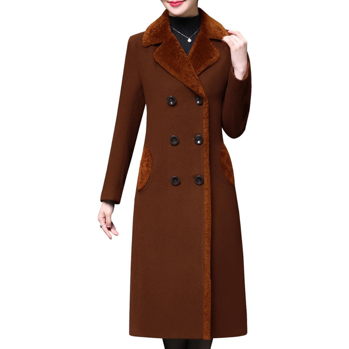 Damen Wintermantel braun, doppelt geknöpft, Wollmischung, elegantes Design, warme Bekleidung