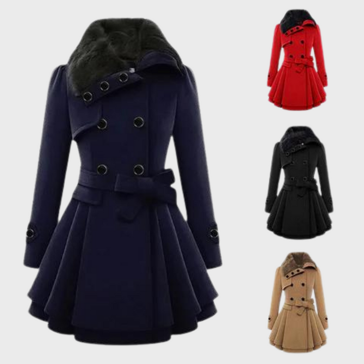 Damen Wintermantel, blau, doppelte Knopfleiste, Gürtel, Pelzkragen, elegant, warm, modisch.