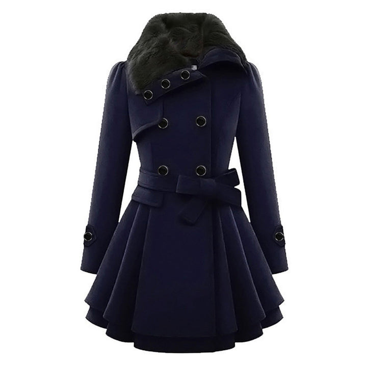 Damen Wintermantel, dunkelblau, mit Gürtel und Kunstfellkragen, elegantes Design.