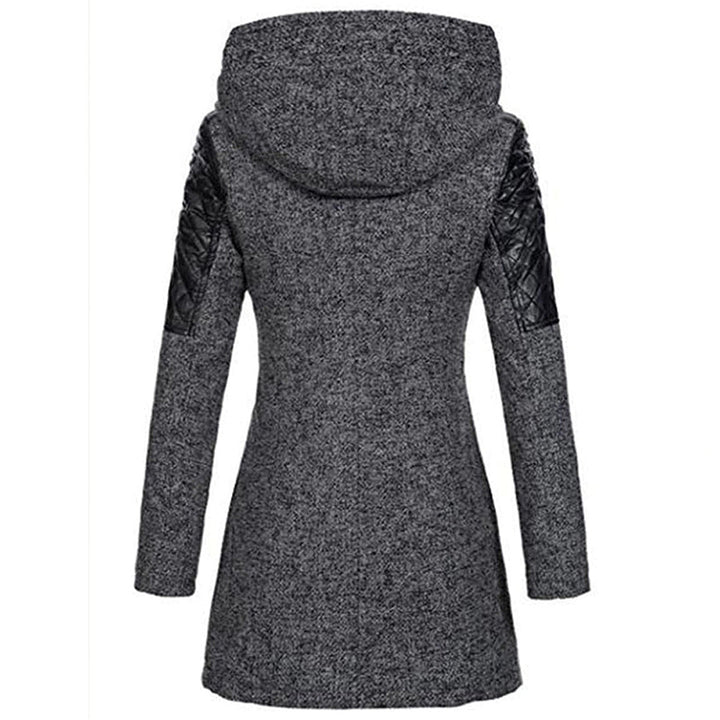 Damen Winterjacke grau mit Kapuze, gesteppte Ärmel, warm, modisch, elegant, Outdoor-Bekleidung.