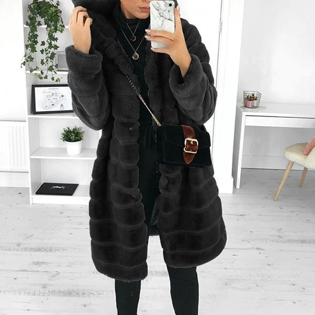 Damen Wintermantel, Kunstpelz, Kapuze, langärmelig, schwarz, modisch, warm, elegant.