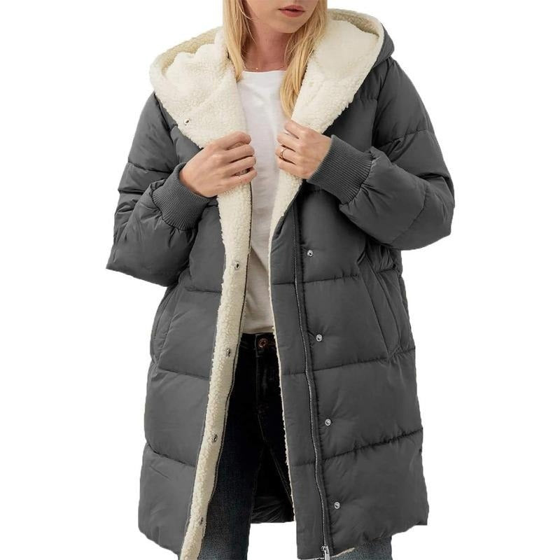 Damen Wintermantel mit Kapuze, grau, gefüttert, warm, modisch, Freizeitkleidung.