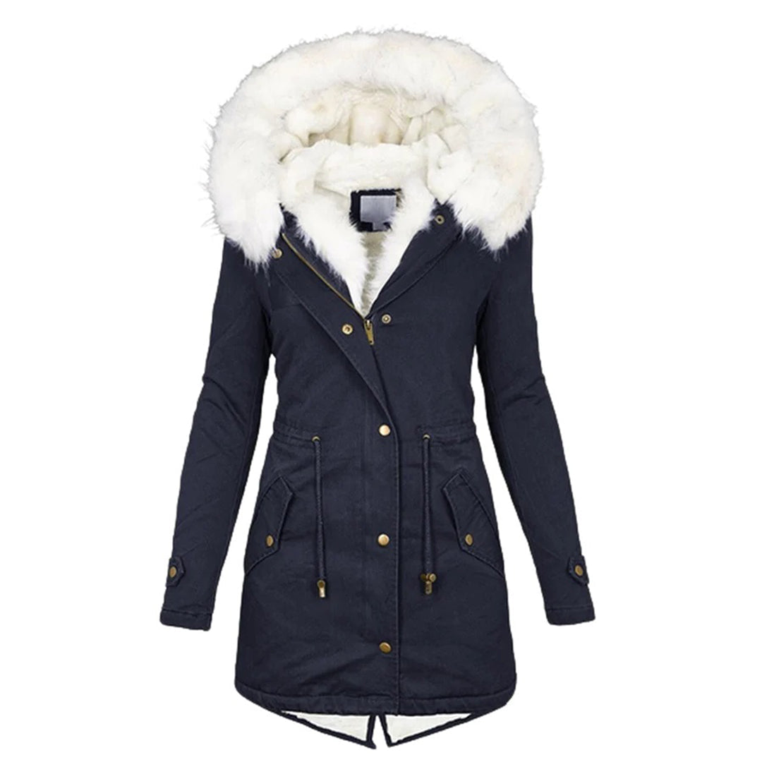Damen Wintermantel schwarz mit Kapuze und Kunstfell, warm, modisch, Outdoor-Bekleidung.