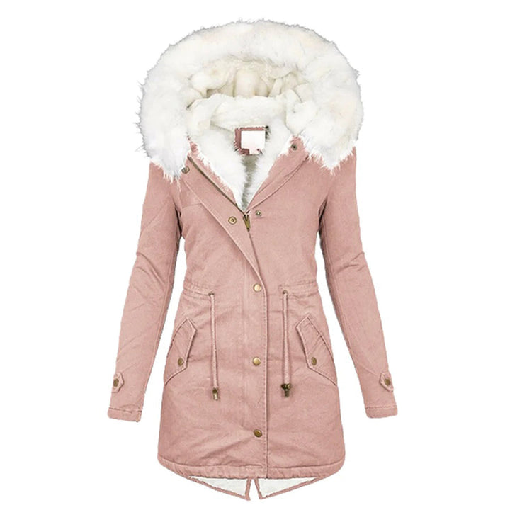 Damen Wintermantel rosa mit Kapuze, Kunstfellbesatz, warm, modisch, Parka-Stil.
