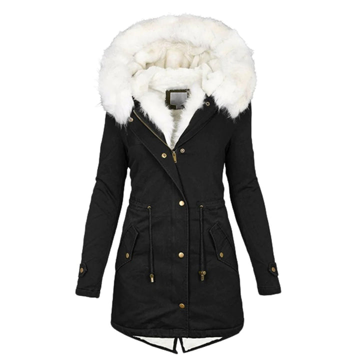 Schwarzer Damenparka mit weißem Kunstfellkragen, Winterjacke, modisch und warm.