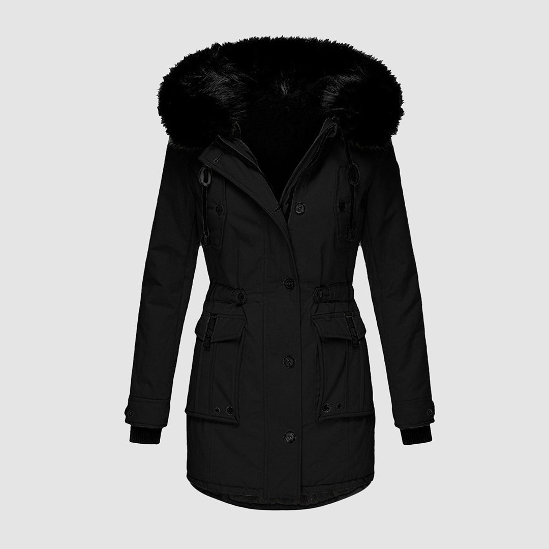 Schwarzer Damen-Wintermantel mit Kapuze, warm gefüttert, elegantes Design, Outdoor-Bekleidung.