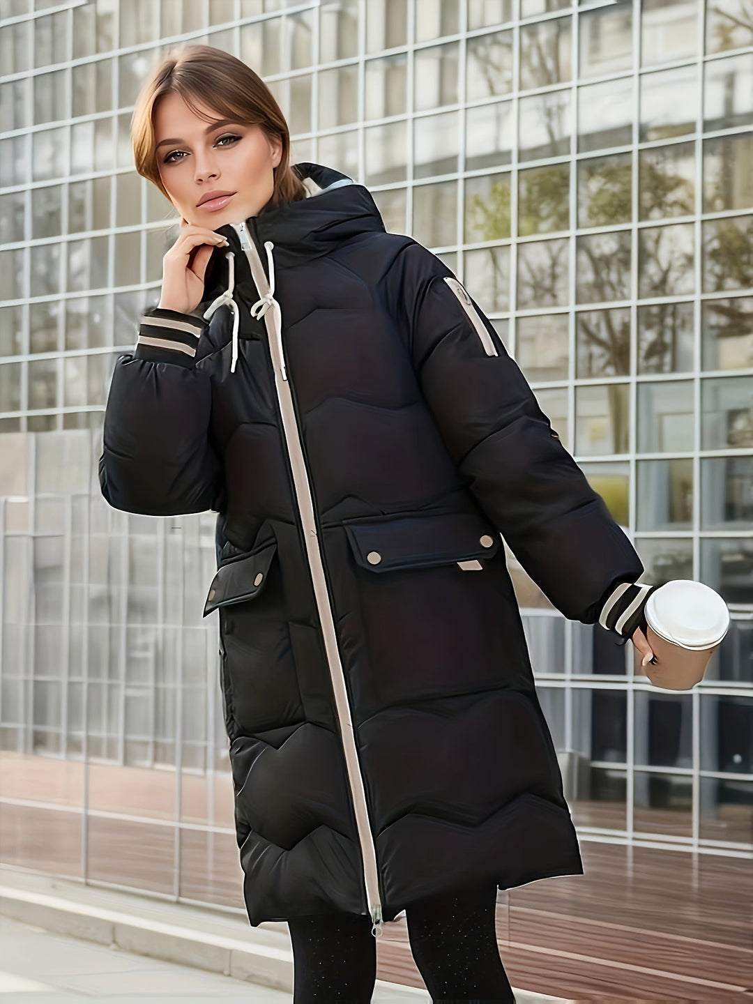Frau in schwarzem Daunenmantel mit Kapuze, hält Kaffeebecher, moderne Wintermode.