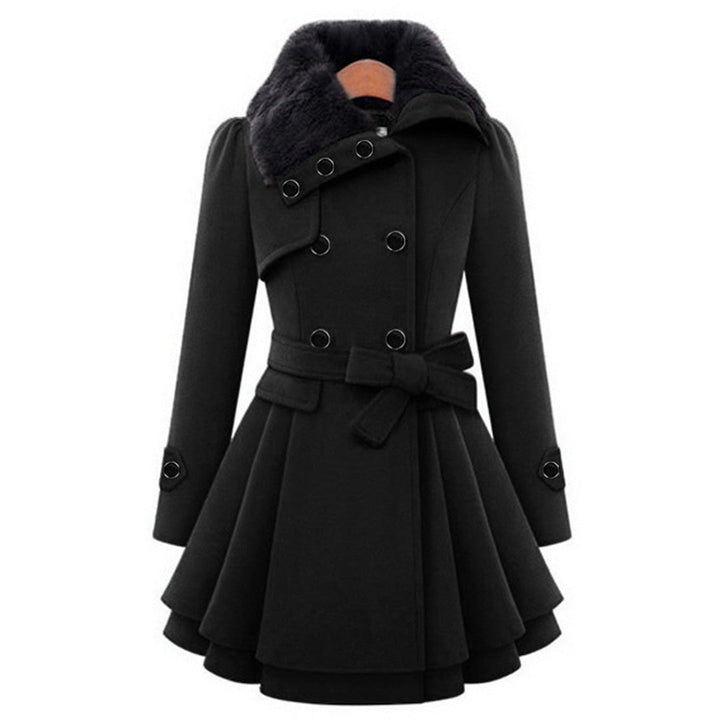 Schwarzer Damen-Wintermantel mit Gürtel, doppelreihig, Pelzkragen, elegant, warm.