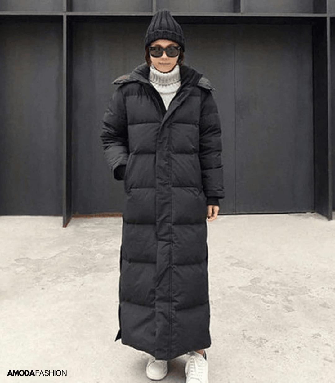 Damen Wintermantel, schwarzer Daunenparka, übergroß, warm, modisch, Kapuze, AmodaFashion.