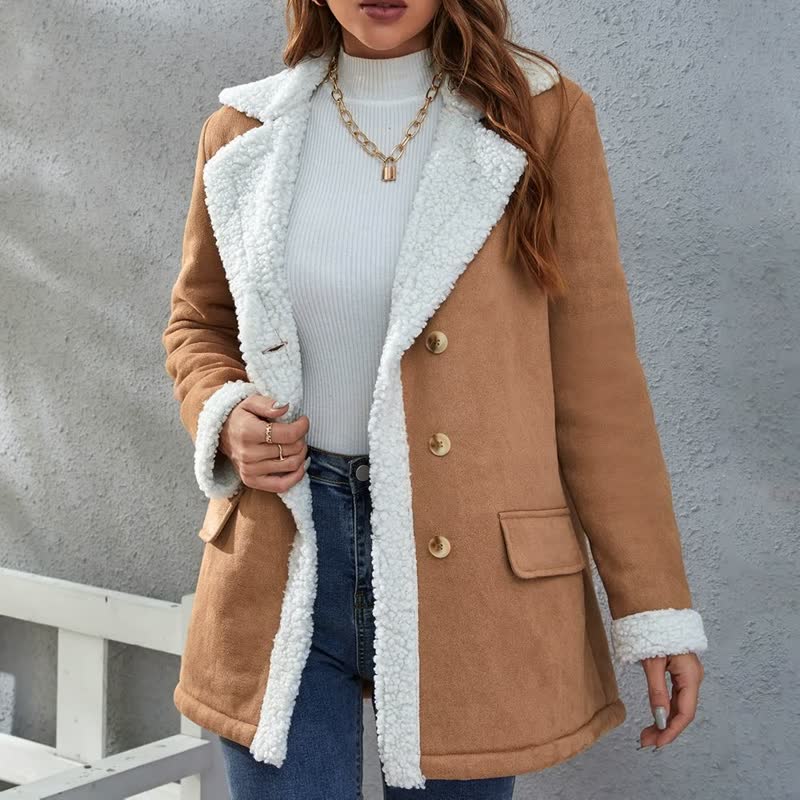 Damen Wintermantel, braun, Lammfellimitat, Knöpfe, modisch, warm, elegant, Freizeitkleidung.