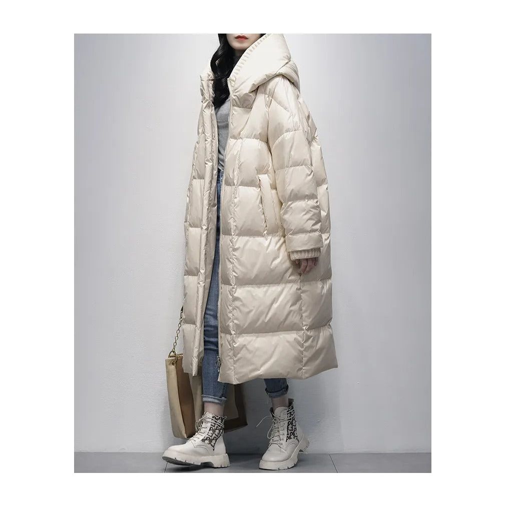 Damen Wintermantel beige Daunenjacke mit Kapuze, warm, modisch, lang, für kalte Tage.