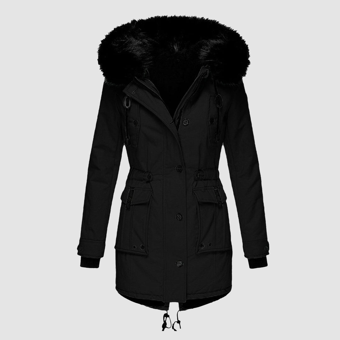 Schwarzer Damenparka mit Kunstfellkapuze, Winterjacke, warm, modisch, Outdoor-Bekleidung.