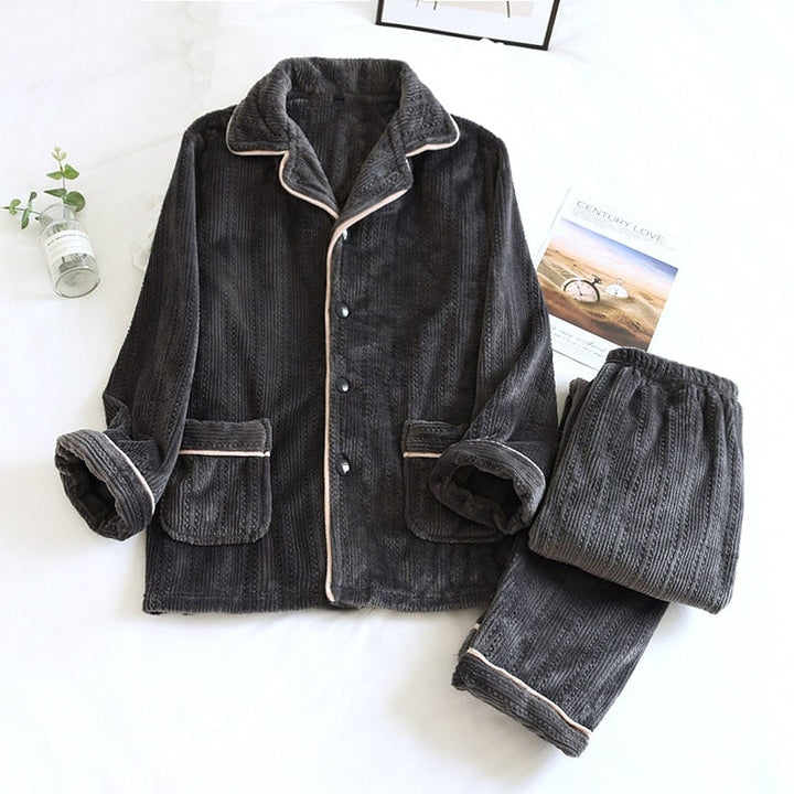 Damen Flanell Pyjama Set, dunkelgrau, warm, Winter, Knopfleiste, gemütlich, weiches Material.