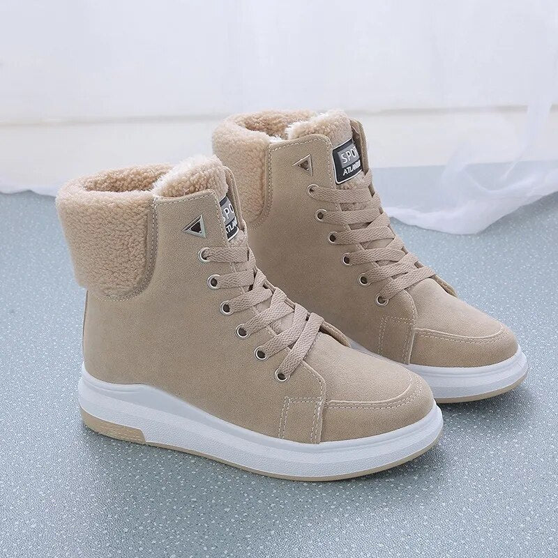 Beige Damen-Winterstiefel, gefüttert, Schnürung, rutschfeste Sohle, modisch, warm.