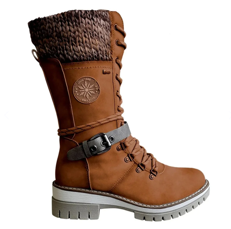 Brauner Damen-Winterstiefel, gefüttert, mit Schnürung und Strickbund, rutschfeste Sohle.