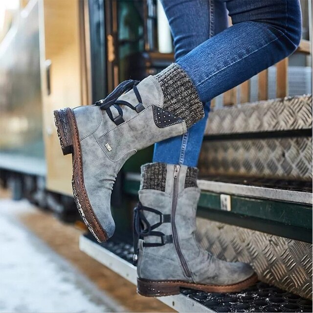 Graue Winterstiefel aus PU-Leder, mittelhoch, mit Reißverschluss, Damenmode, Outdoor.