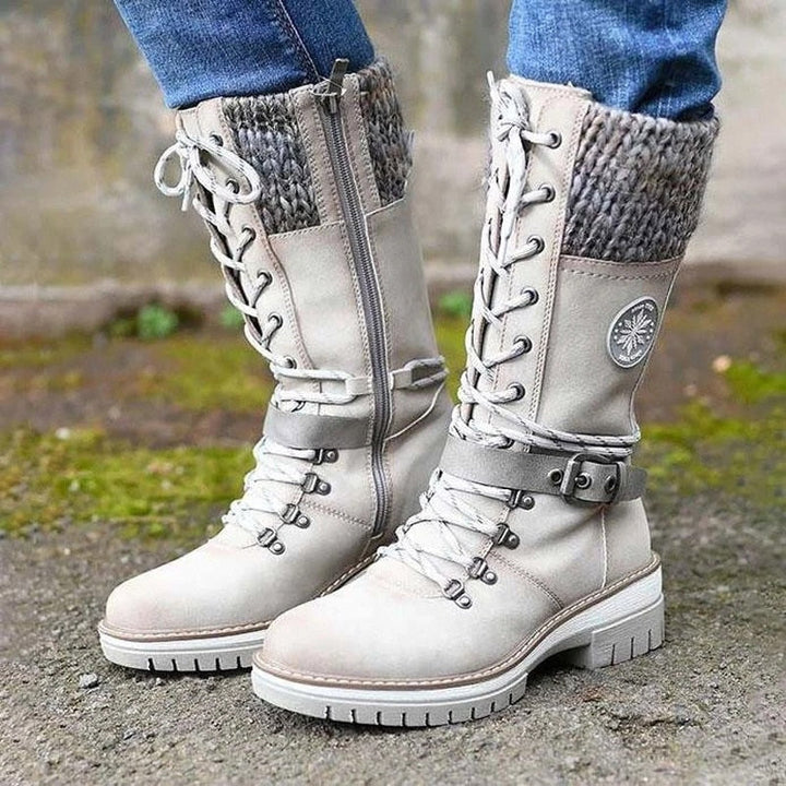 Damen Winterstiefel beige, gefüttert, Schnürung, Reißverschluss, Outdoor, rutschfeste Sohle.
