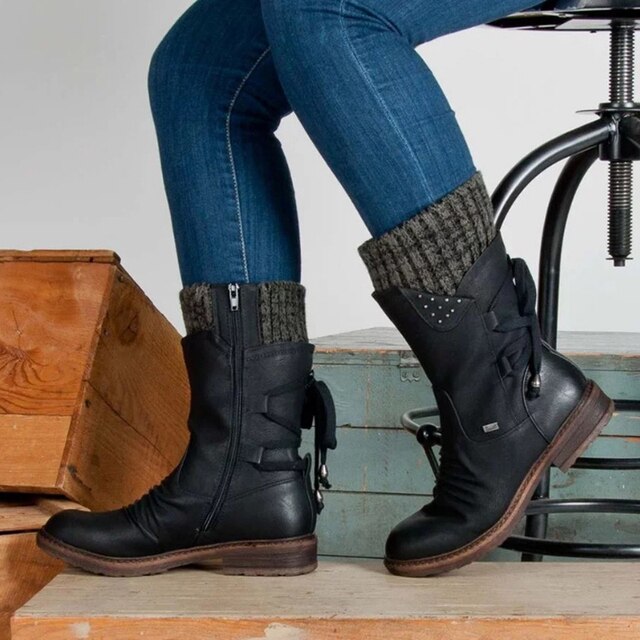 Schwarze Winterstiefel aus PU-Leder, mittelhoch, mit Reißverschluss, Damenmode.