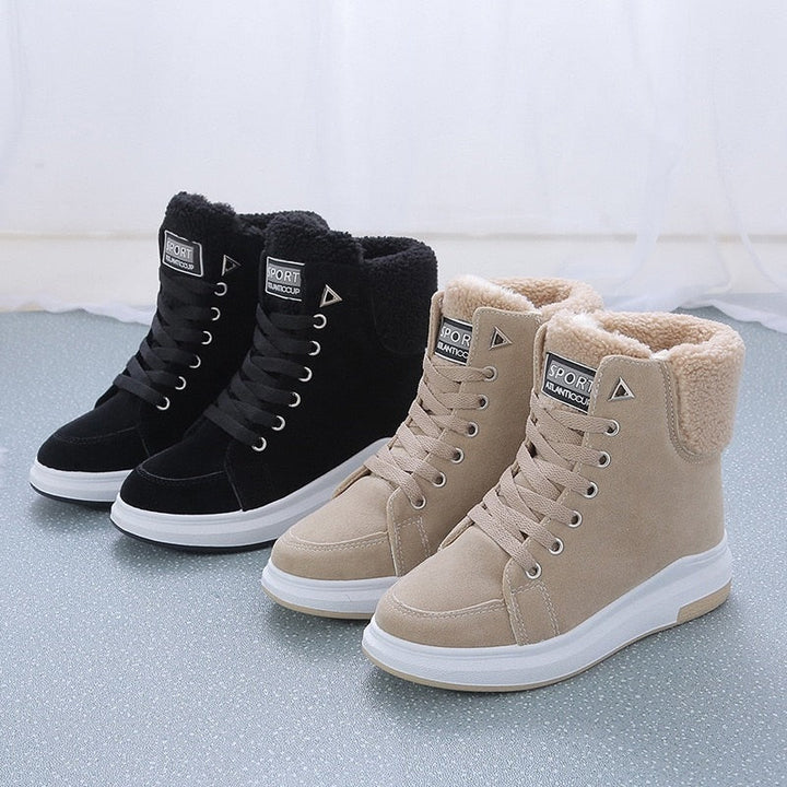 Damen-Winterstiefel, schwarz und beige, gefüttert, rutschfest, modisch, warm, bequem.