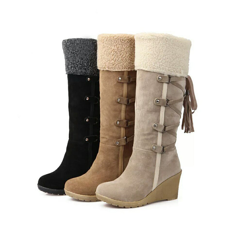 Damen-Winterstiefel mit Keilabsatz, Schnürung, in Schwarz, Braun, Beige, warm gefüttert.