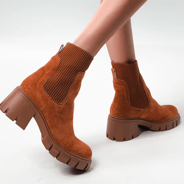 Damen-Winterschuhe aus Wildleder, braun, klobiger Absatz, stilvolle Stiefeletten.