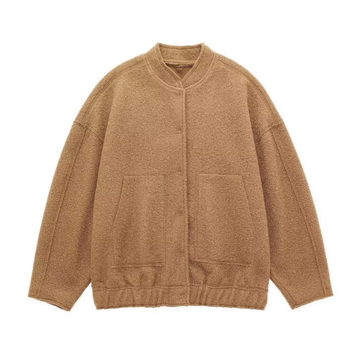 Braune Wolljacke für Damen, lässig, warm, mit Taschen, Herbstmode, bequemer Schnitt.