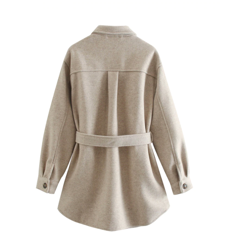 Beige Damen Wolljacke mit Gürtel und Knöpfen, Frühlingsmode, eleganter Mantel.