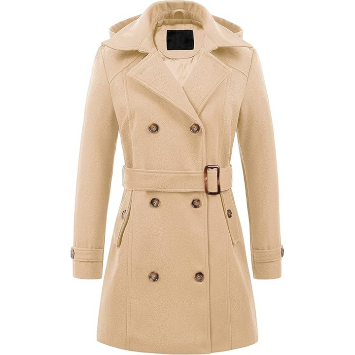 Beiger Damen-Trenchcoat mit Gürtel, doppelte Knopfleiste, Kapuze, Herbstmode.