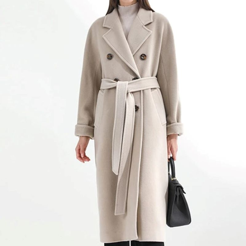 Damen-Wollmantel beige, doppelreihig, Gürtel, eleganter Wintermantel, modisch, warm.