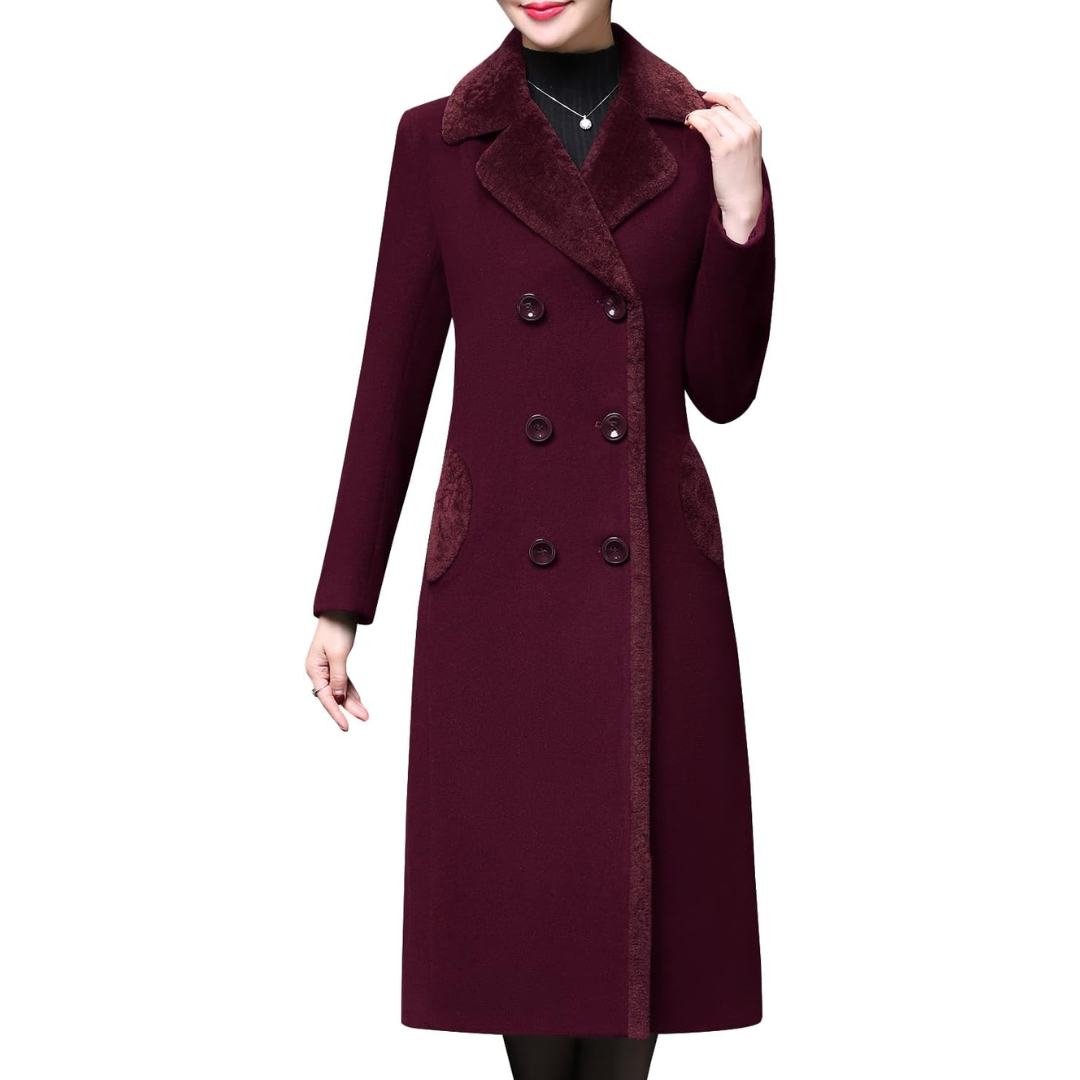 Damen Wintermantel burgunderrot, doppelt geknöpft, Wollmischung, elegantes Design, warm.
