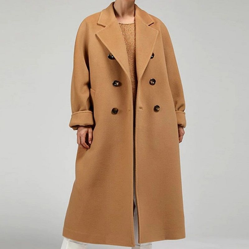 Damen Wollmantel beige, doppelreihig, eleganter Wintermantel, modischer langer Mantel.