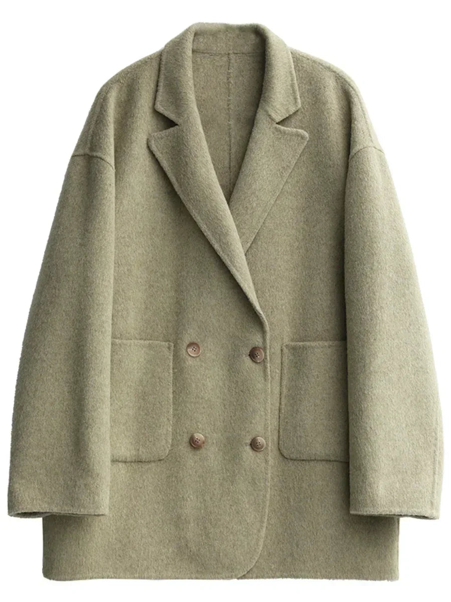 Grüner Wollmantel, zweireihig, mit Knöpfen, eleganter Wintermantel für Damen.