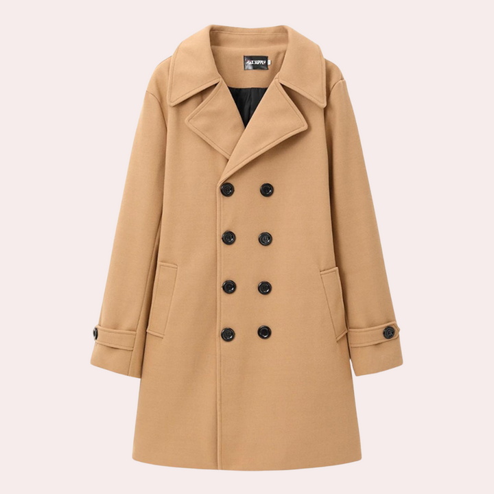 Kamelhaar Mantel, zweireihig, Knöpfe, klassischer Stil, Herbstmode, Herrenbekleidung.