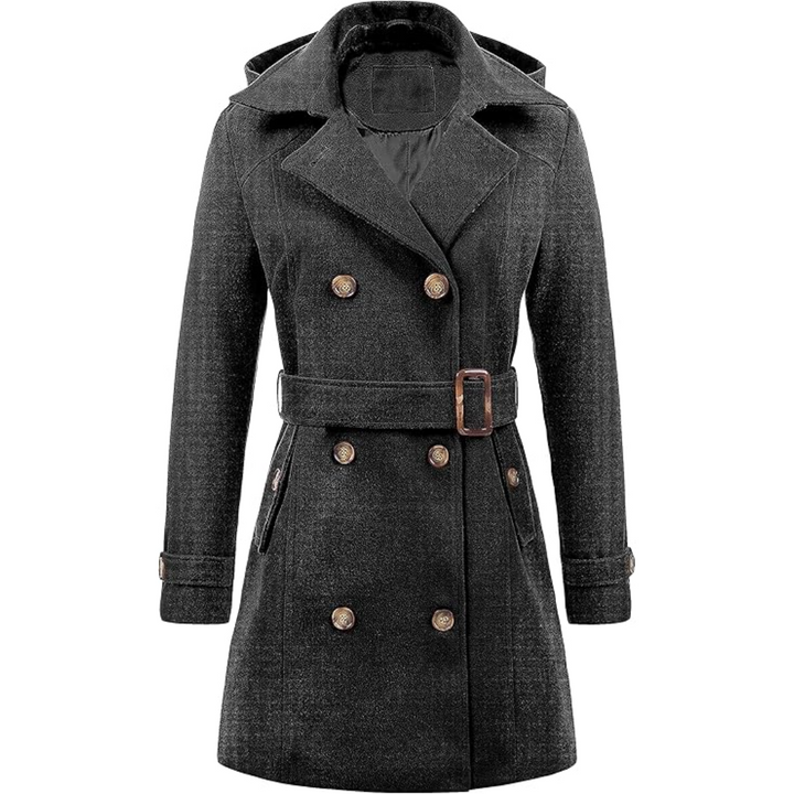 Damen Wintermantel, schwarz, doppelt geknöpft, mit Gürtel, Kapuze, eleganter Wollstoff.