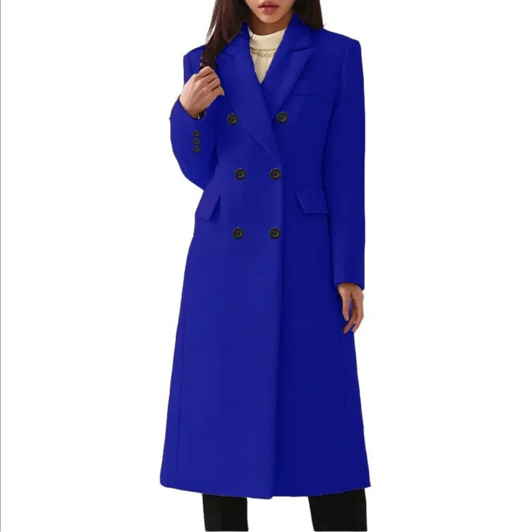 Damenmantel blau, Wolle, doppelreihig, eleganter Wintermantel, modische Damenbekleidung.