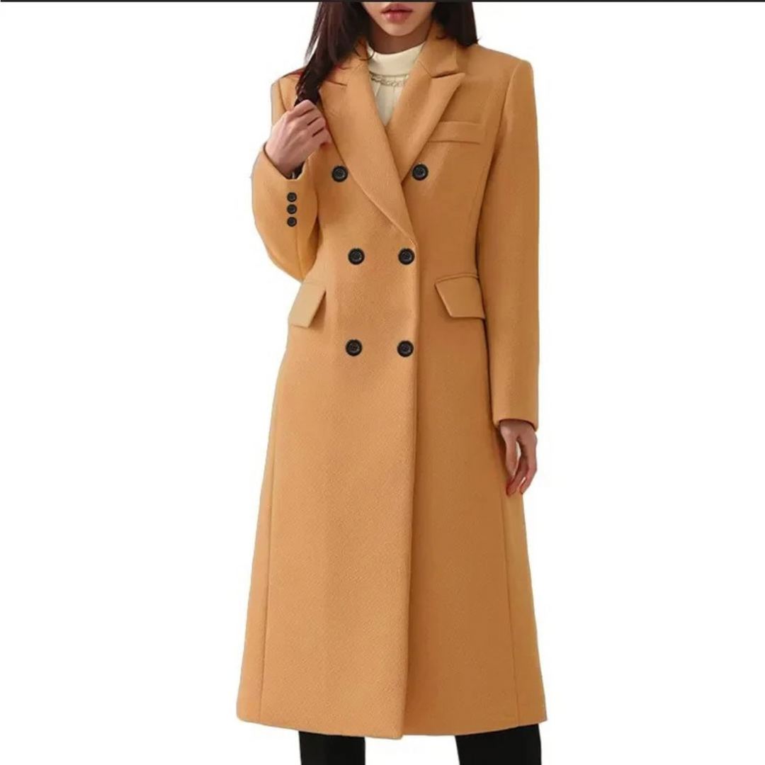 Damen-Wollmantel, doppelte Knopfleiste, beige, eleganter Wintermantel, modisch.
