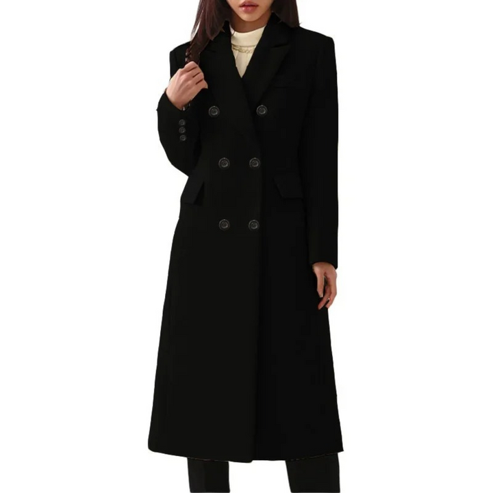 Schwarzer Damen-Wollmantel mit doppeltem Kragen, elegantes Design, knielang.