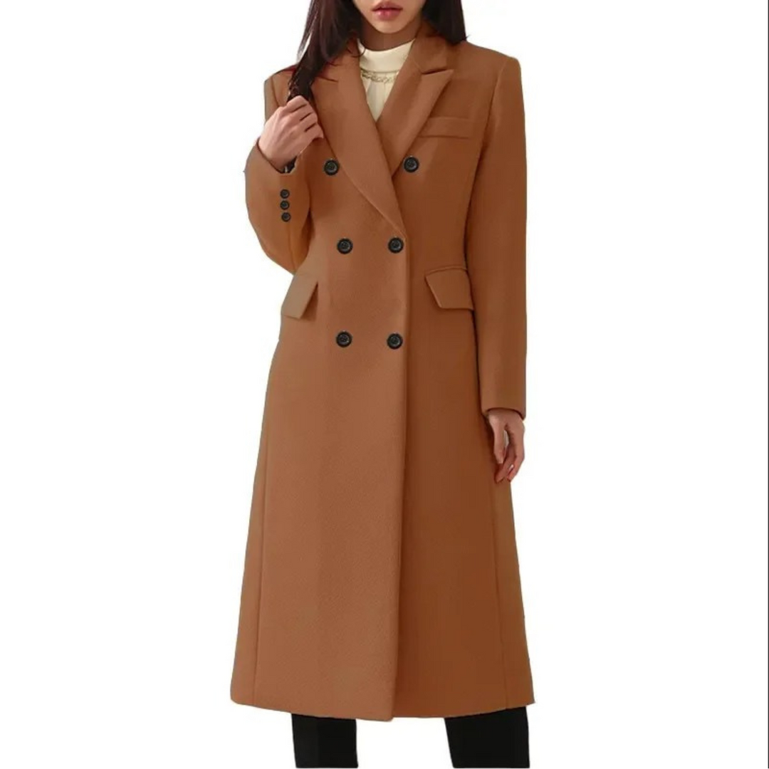 Damenmantel aus Wolle, braun, doppelter Kragen, eleganter Wintermantel, modisch.