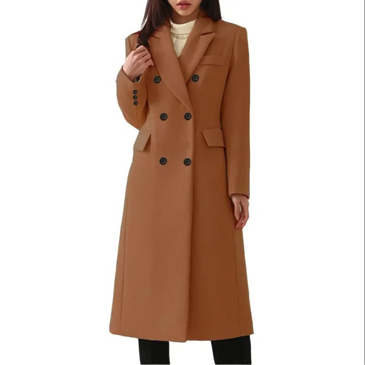 Damenmantel aus Wolle, braun, doppelter Kragen, eleganter Wintermantel, modisch.