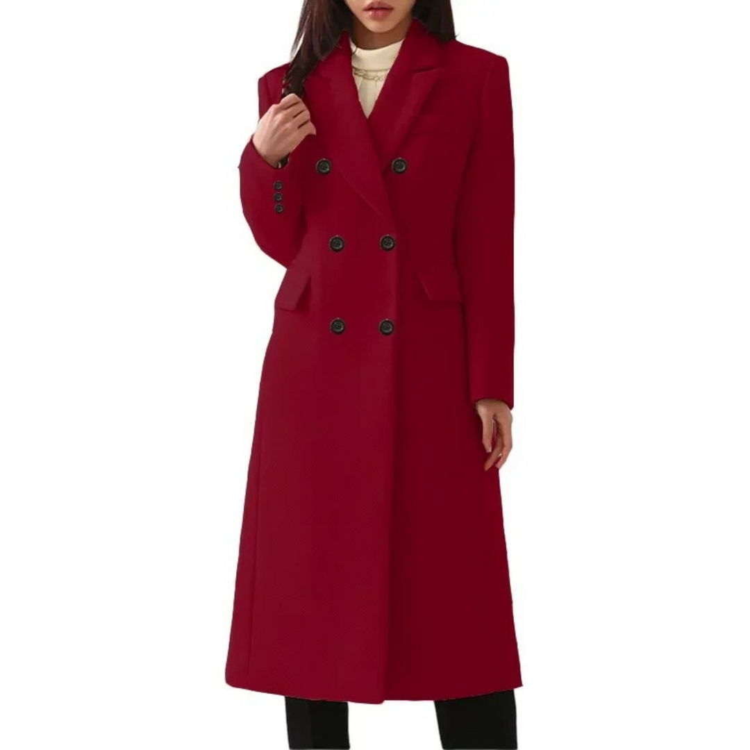 Damen-Wollmantel, rot, doppelreihig, eleganter Wintermantel, modischer Damenmantel.