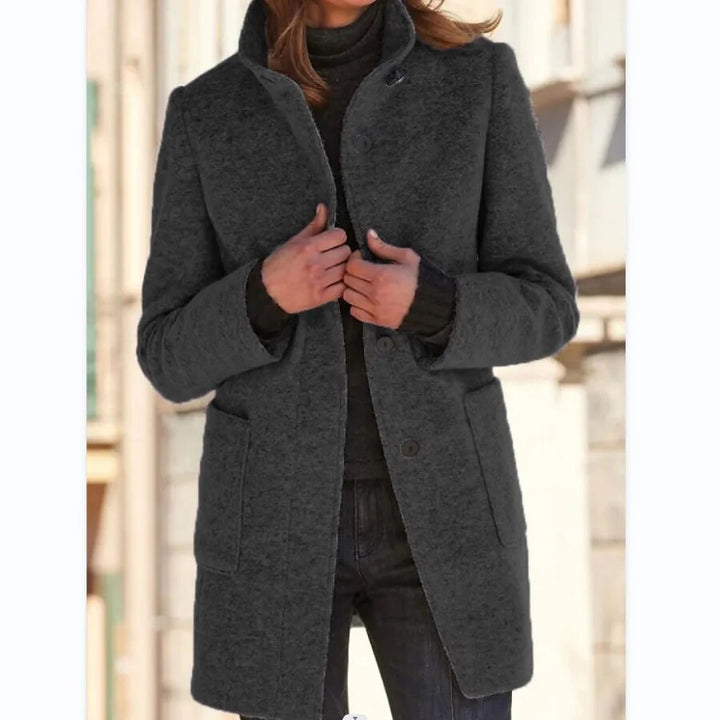 Damen-Wollmantel, grau, Stehkragen, Knöpfe, Herbst-Winter, Vintage-Stil, modisch, lässig.