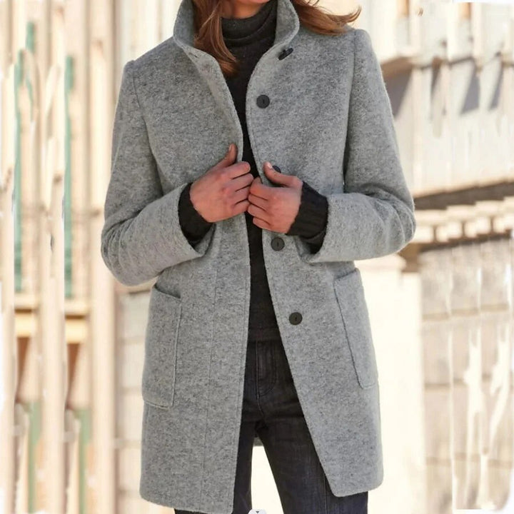 Damen-Wollmantel, grau, Stehkragen, Knöpfe, Herbst-Winter, Vintage-Stil, modisch, lässig.