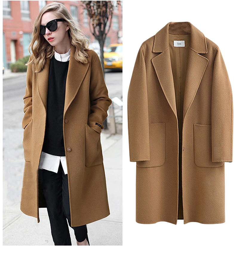 Damen Wollmantel, braun, klassisch, Herbstmode, eleganter Schnitt, lange Ärmel, Knopfverschluss.