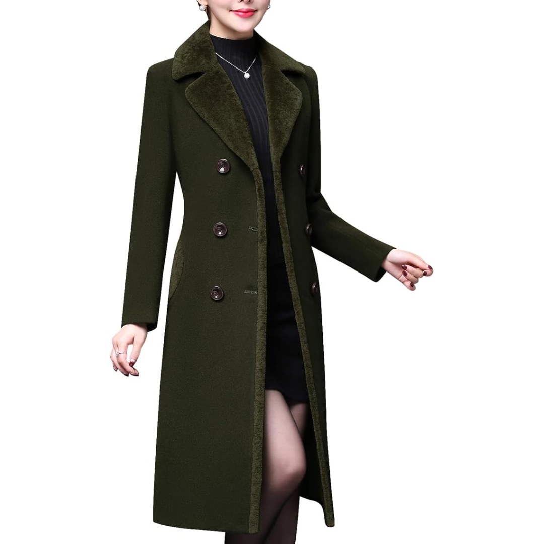 Damen Wintermantel, olivgrün, doppelt geknöpft, elegantes Design, warm, modisch.