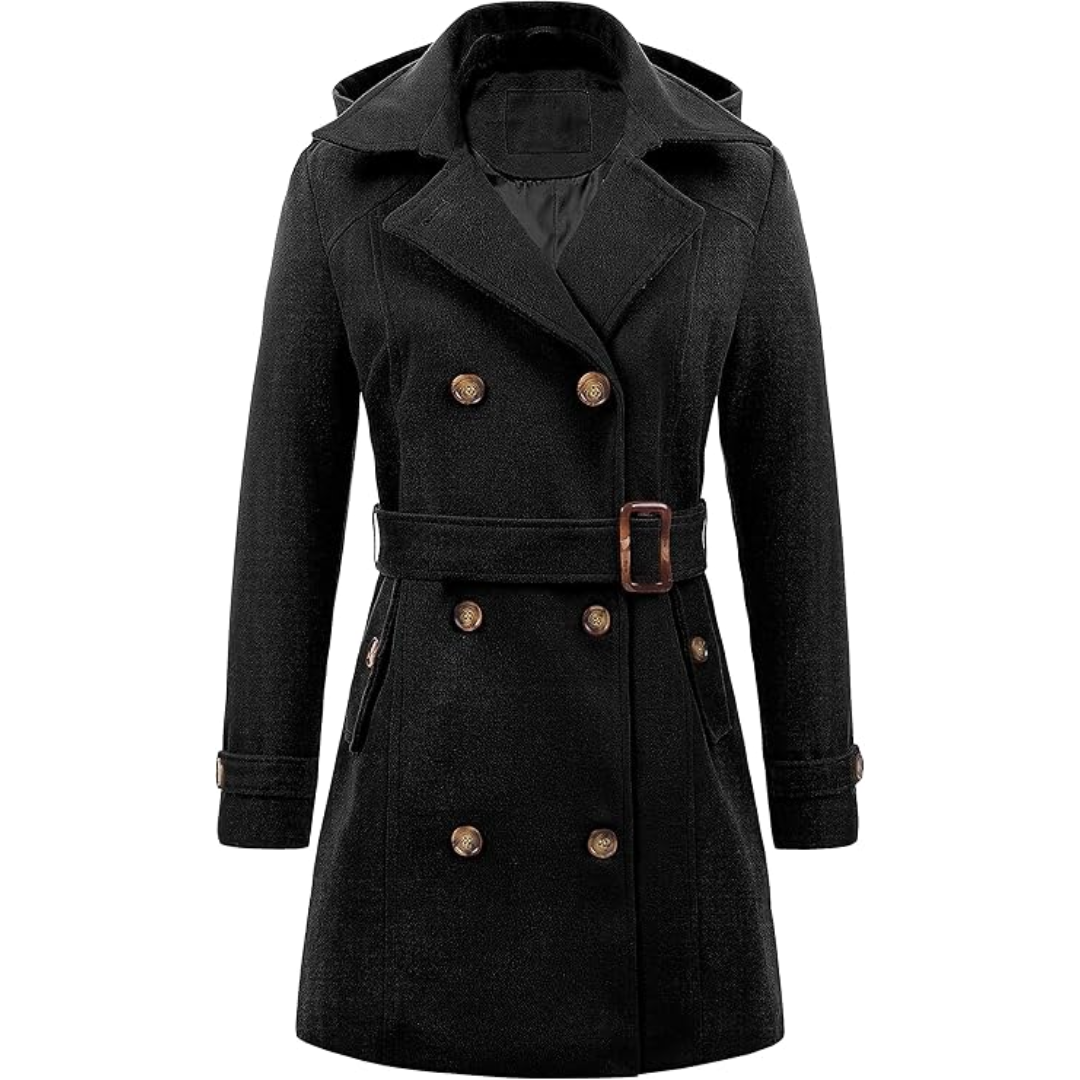 Schwarzer Damen-Wollmantel mit Kapuze, doppelreihig, Gürtel, Herbstmode, elegant.
