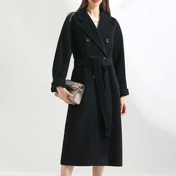 Damen Wollmantel schwarz, doppelt geknöpft, Gürtel, elegant, Herbstmode, knielang.