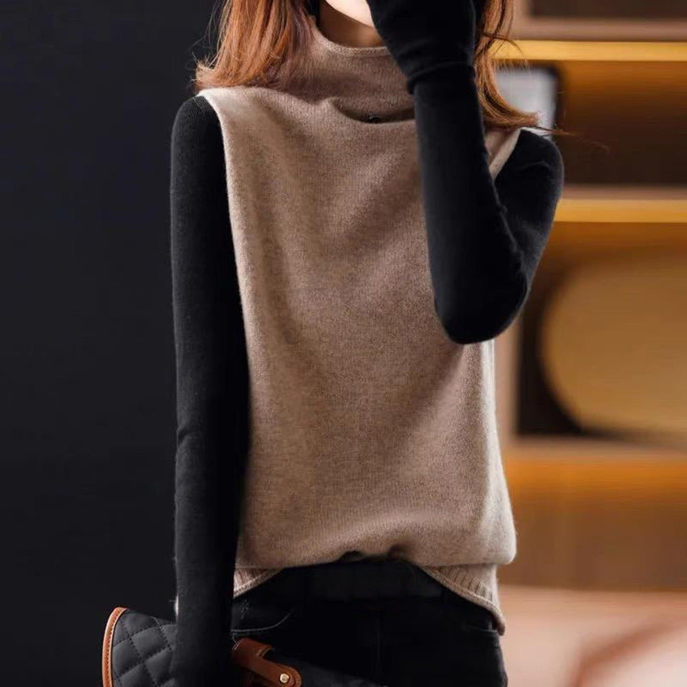 Damen Rollkragenpullover beige, ärmellos, aus Wolle, elegant, Herbstmode, warm, stilvoll.