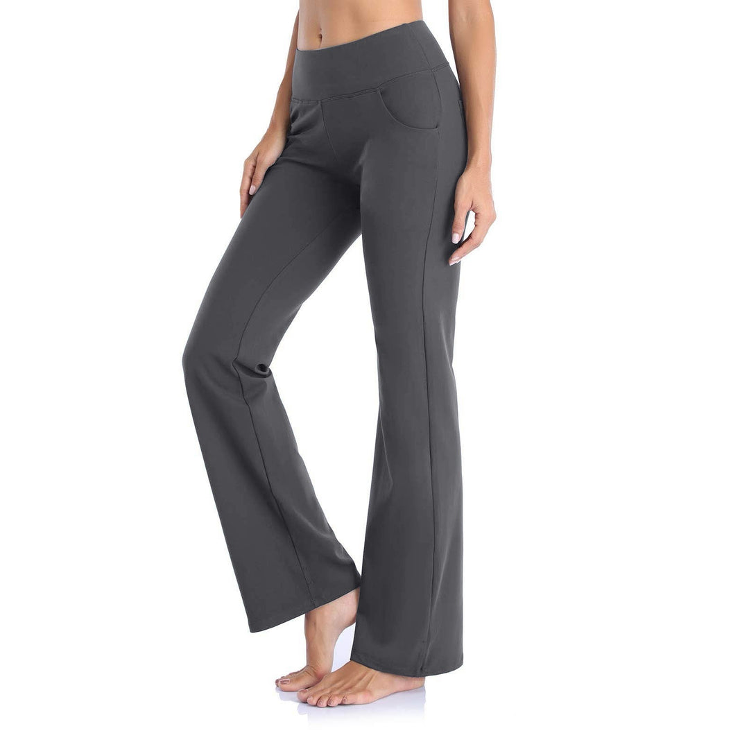 Damen Yogahose, grau, Bootcut, elastisch, bequem, ideal für Fitness und Freizeit.